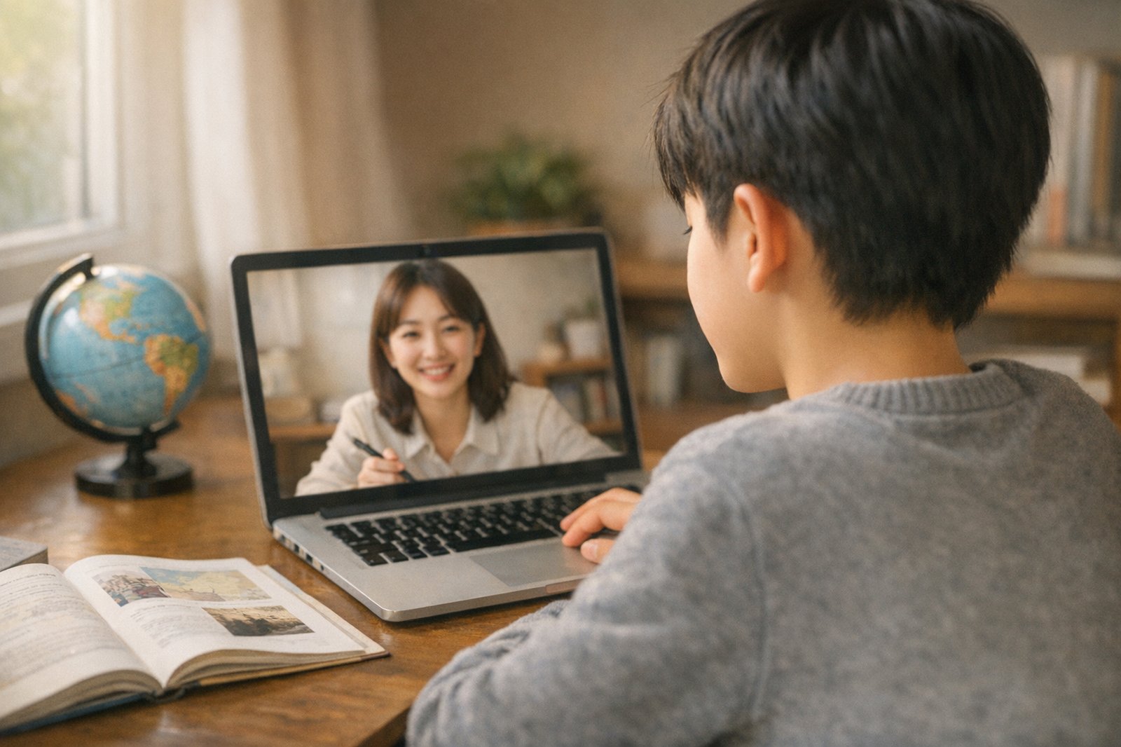 지구본과 교과서를 옆에 두고 선생님과 화상 수업을 하는 학생